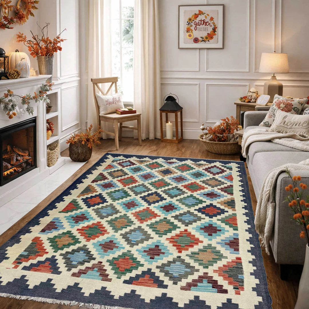 Afghan Vegetable Kilim Rug 4' 9" x 6' 9" Flat-Weave | No. AL772476