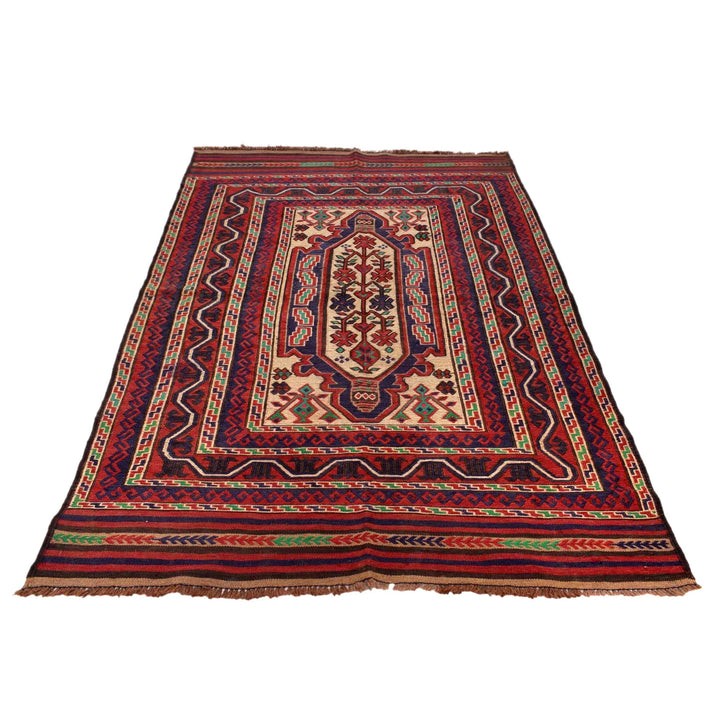 Beige Afghan Saghari Kilim Rug 4' 4" x 6' 6" Flat-Weave | No. AL77346