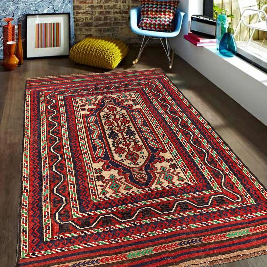 Beige Afghan Saghari Kilim Rug 4' 4" x 6' 6" Flat-Weave | No. AL77346