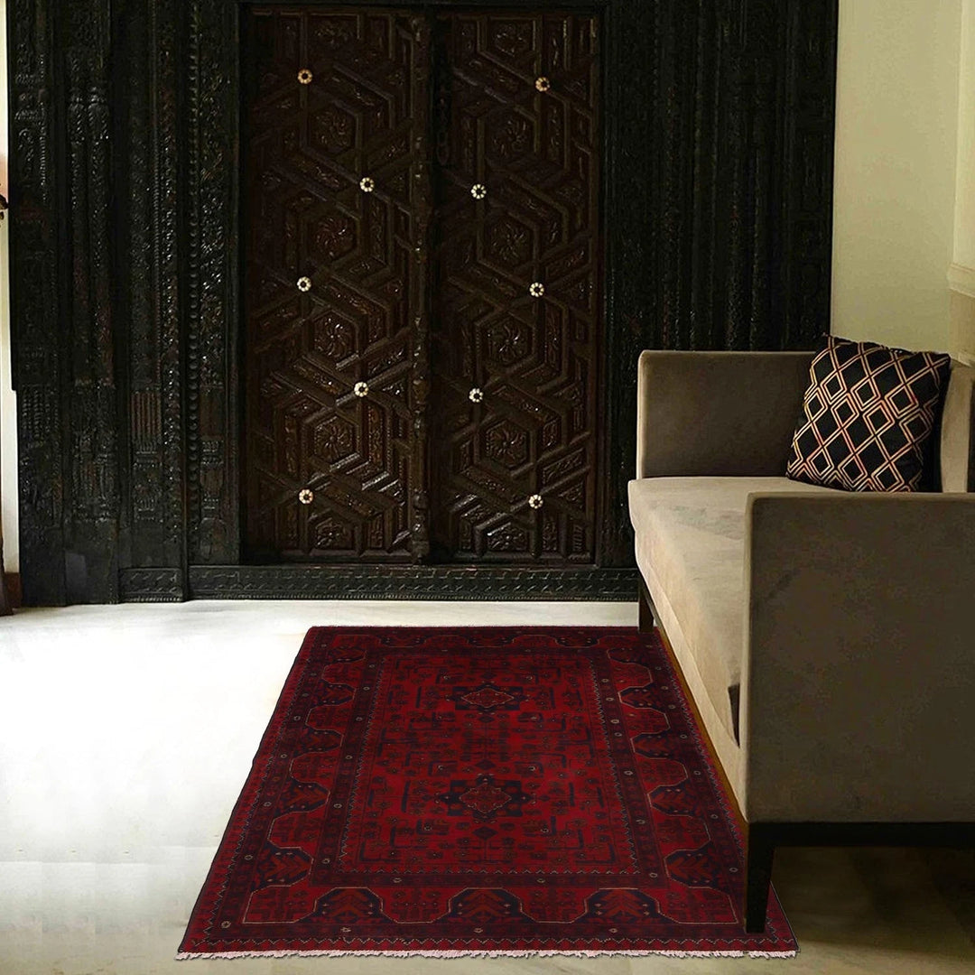 Red Afghan Khal Mohammadi Rug 3' 6" x 5' 0" Hand-Knotted | No. AL77394