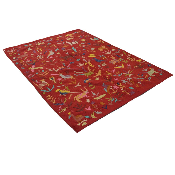 Red Pakistani Kilim Rug 5' 0" x 6' 11" Flat-Weave | No. AL77418