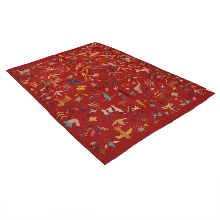 Red Pakistani Kilim Rug 5' 0" x 6' 11" Flat-Weave | No. AL77418