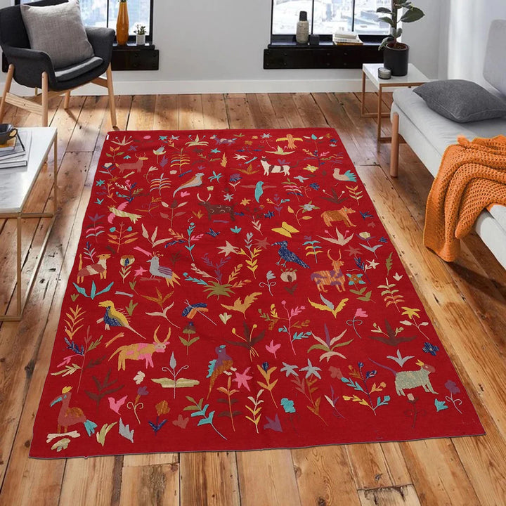 Red Pakistani Kilim Rug 5' 0" x 6' 11" Flat-Weave | No. AL77418