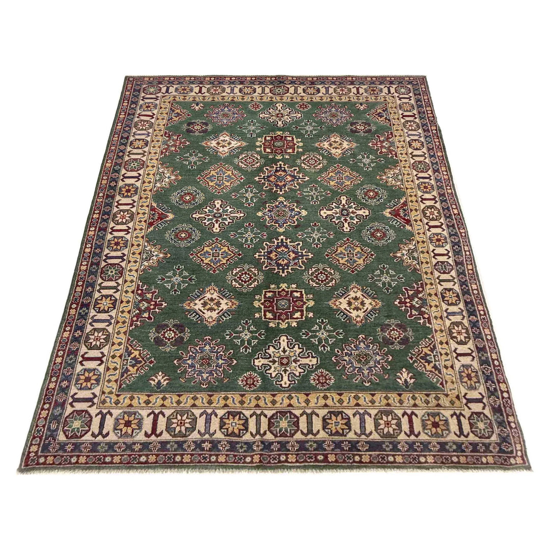 Green Afghan Kazak Rug 5' 5" x 8' 0" Hand-Knotted | No. AL77598