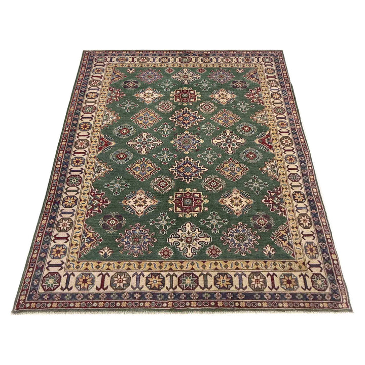 Green Afghan Kazak Rug 5' 5" x 8' 0" Hand-Knotted | No. AL77598