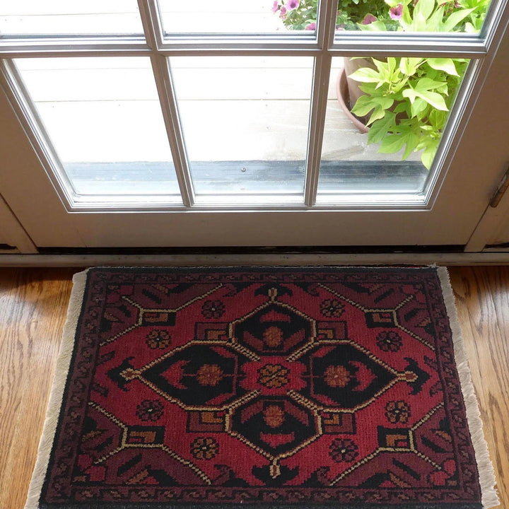 Red Afghan Oriental Doormat 1' 5" x 1' 11" Hand-Knotted | No. AL77651