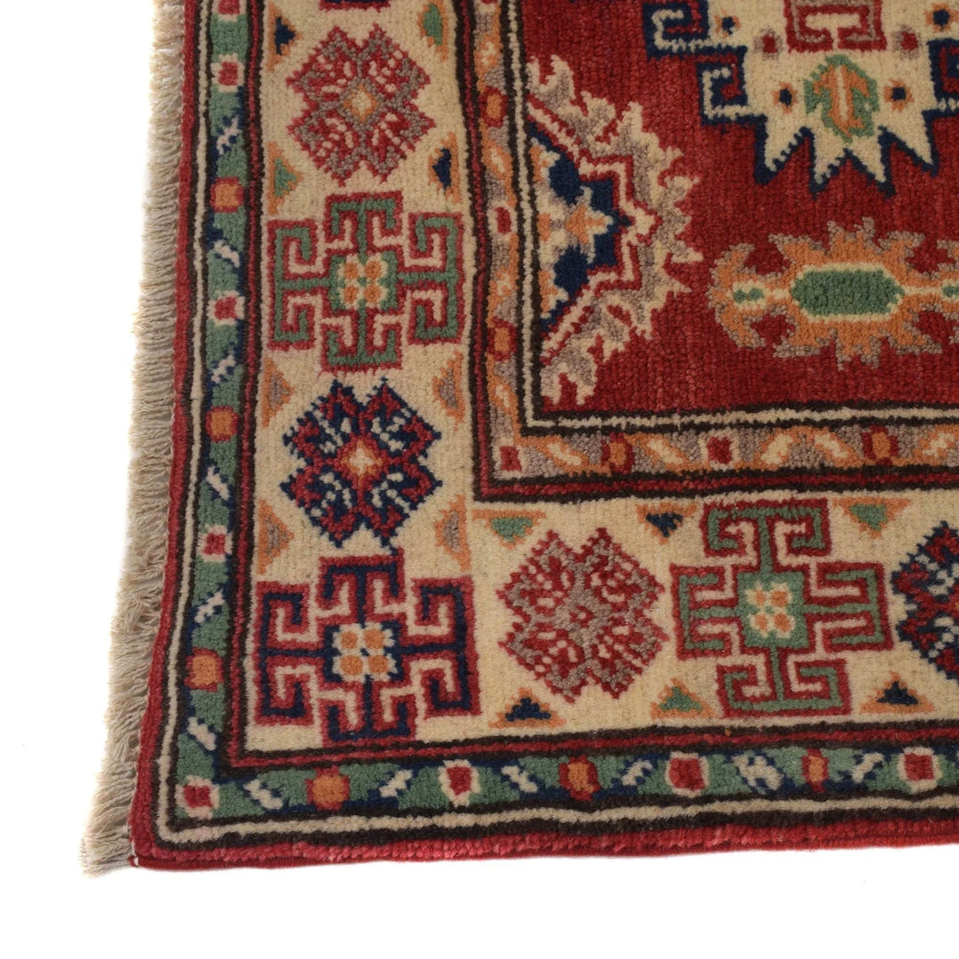 Red Afghan Kazak Rug 2' 9" x 3' 8" Hand-Knotted | No. AL77676