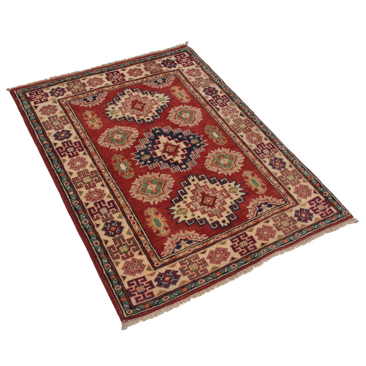 Red Afghan Kazak Rug 2' 9" x 3' 8" Hand-Knotted | No. AL77676