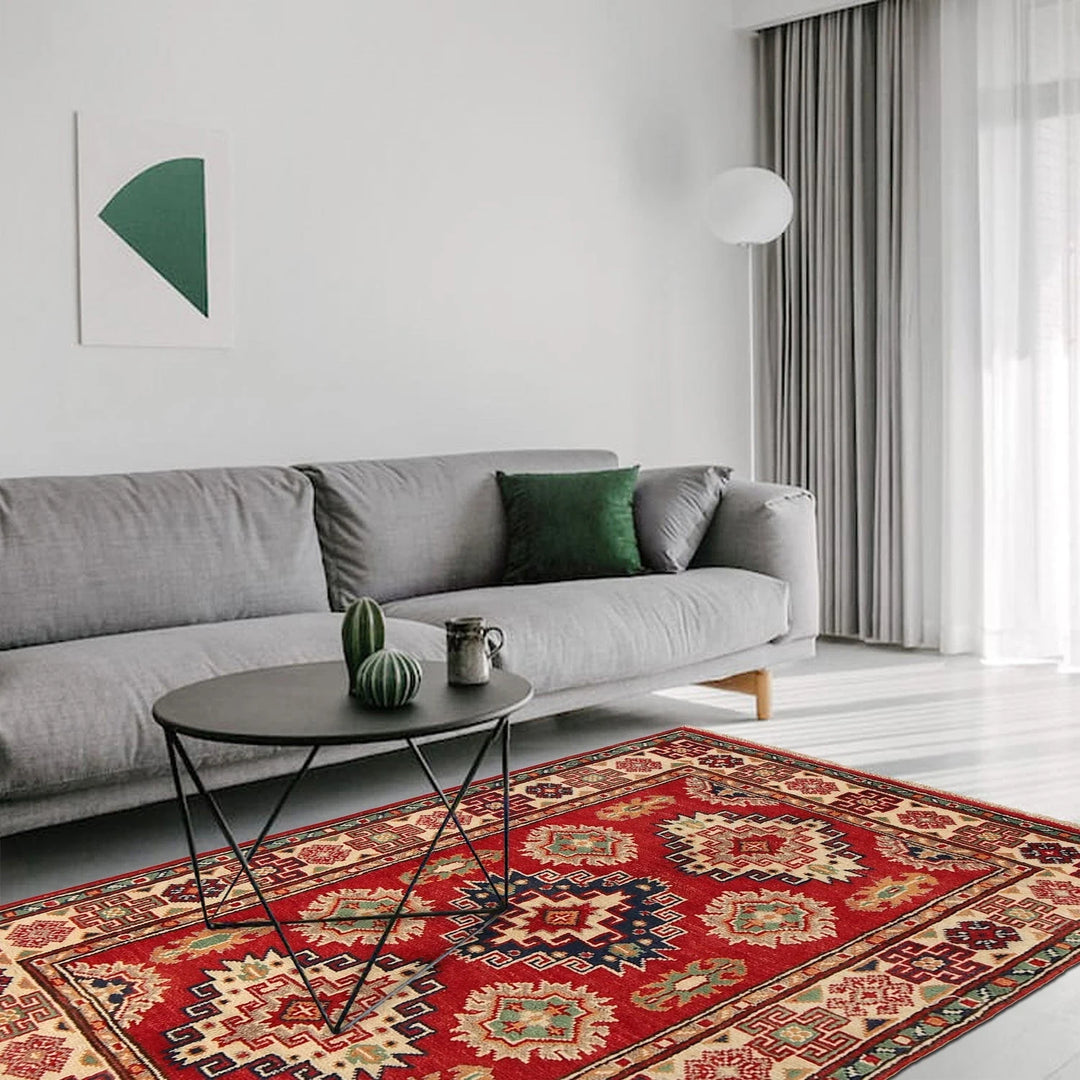 Red Afghan Kazak Rug 2' 9" x 3' 8" Hand-Knotted | No. AL77676