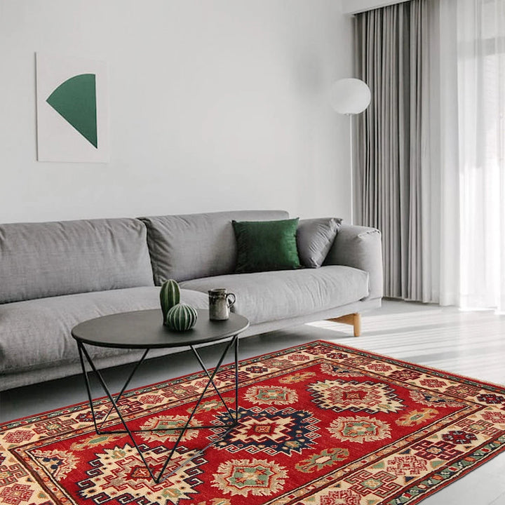 Red Afghan Kazak Rug 2' 9" x 3' 8" Hand-Knotted | No. AL77676