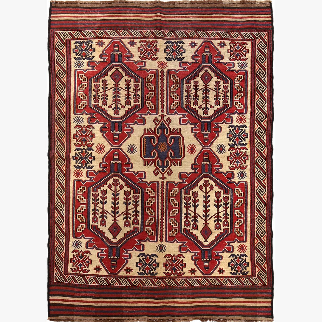 Beige Afghan Saghari Rug 4' 7" x 6' 5" Flat-Weave | No. AL77708