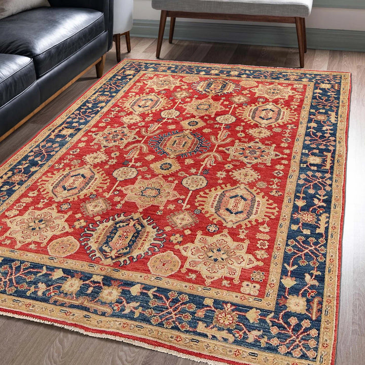 Red Afghan Serapi Rug 4' 7" x 6' 5" Hand-Knotted | No. AL77713