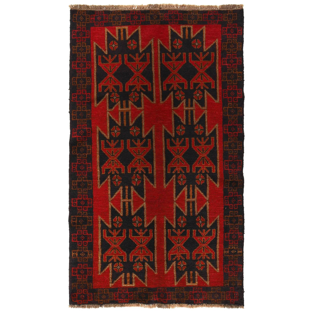 Red Afghan Baluchi Rug 3' 7" x 6' 2" Hand-Knotted | No. AL77734