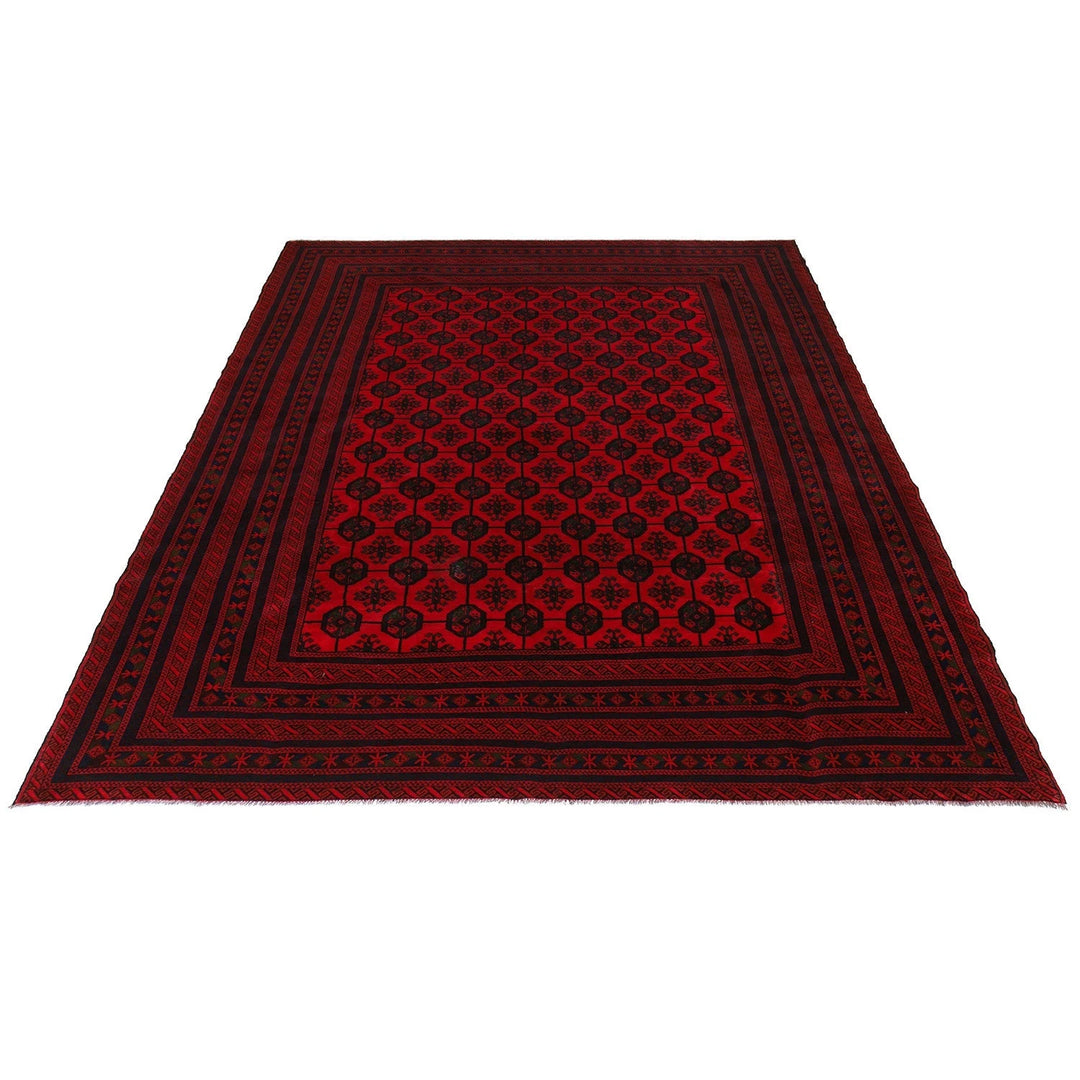 Red Afghan Bokhara Rug 9' 1" x 12' 2" Hand-Knotted | No. AL77770