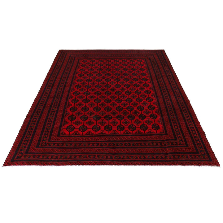 Red Afghan Bokhara Rug 9' 1" x 12' 2" Hand-Knotted | No. AL77770