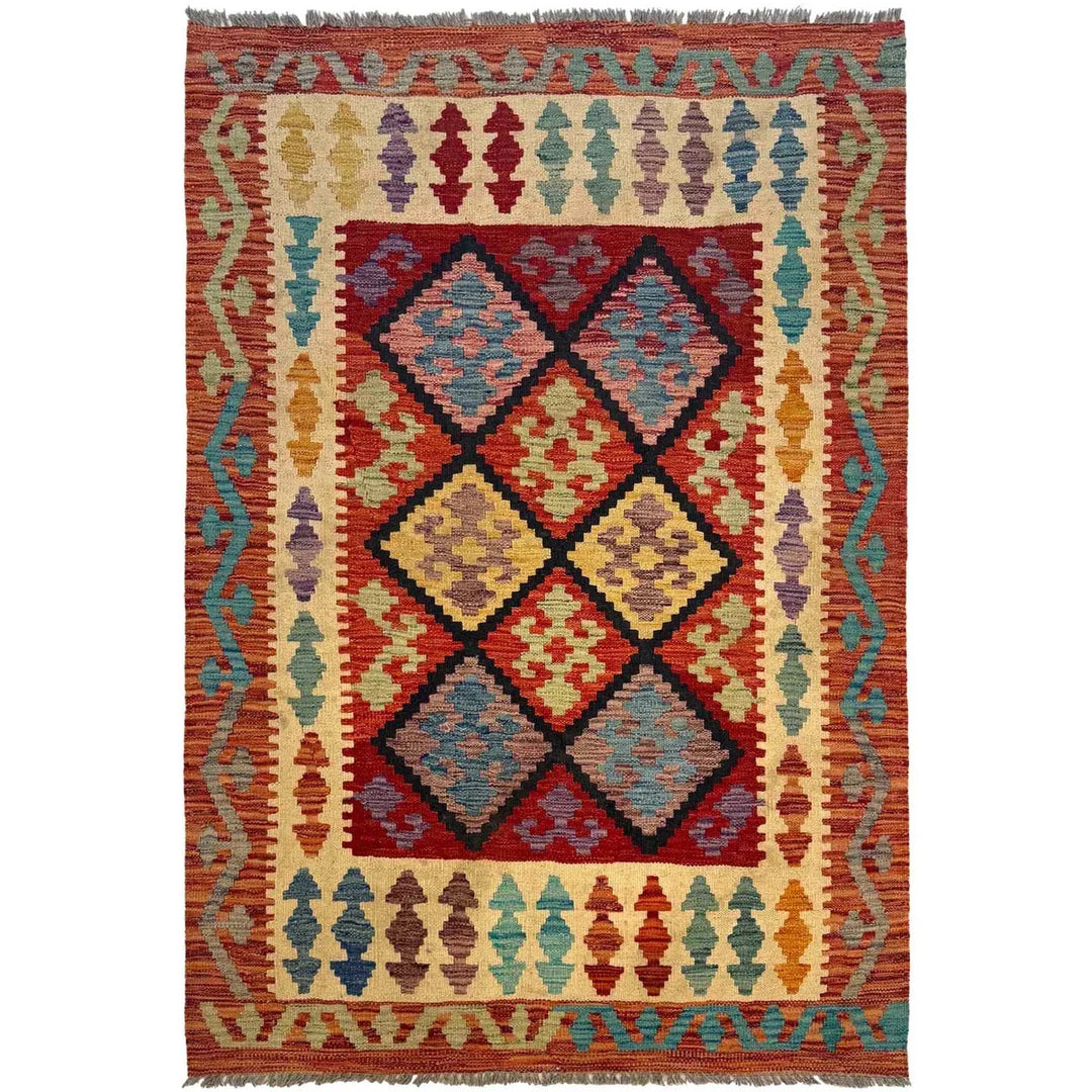 Afghan Vegetable Kilim Rug 3' 5" x 4' 11" Flat-Weave | No. AL77788
