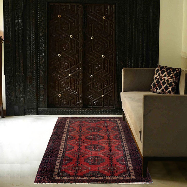 Red Afghan Baluchi Rug 3' 1" x 5' 3" Hand-Knotted | No. AL78128