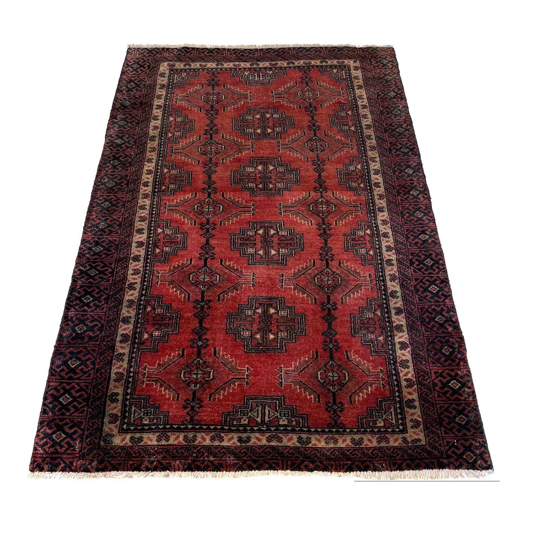 Red Afghan Baluchi Rug 3' 1" x 5' 3" Hand-Knotted | No. AL78128