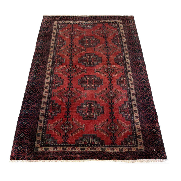 Red Afghan Baluchi Rug 3' 1" x 5' 3" Hand-Knotted | No. AL78128