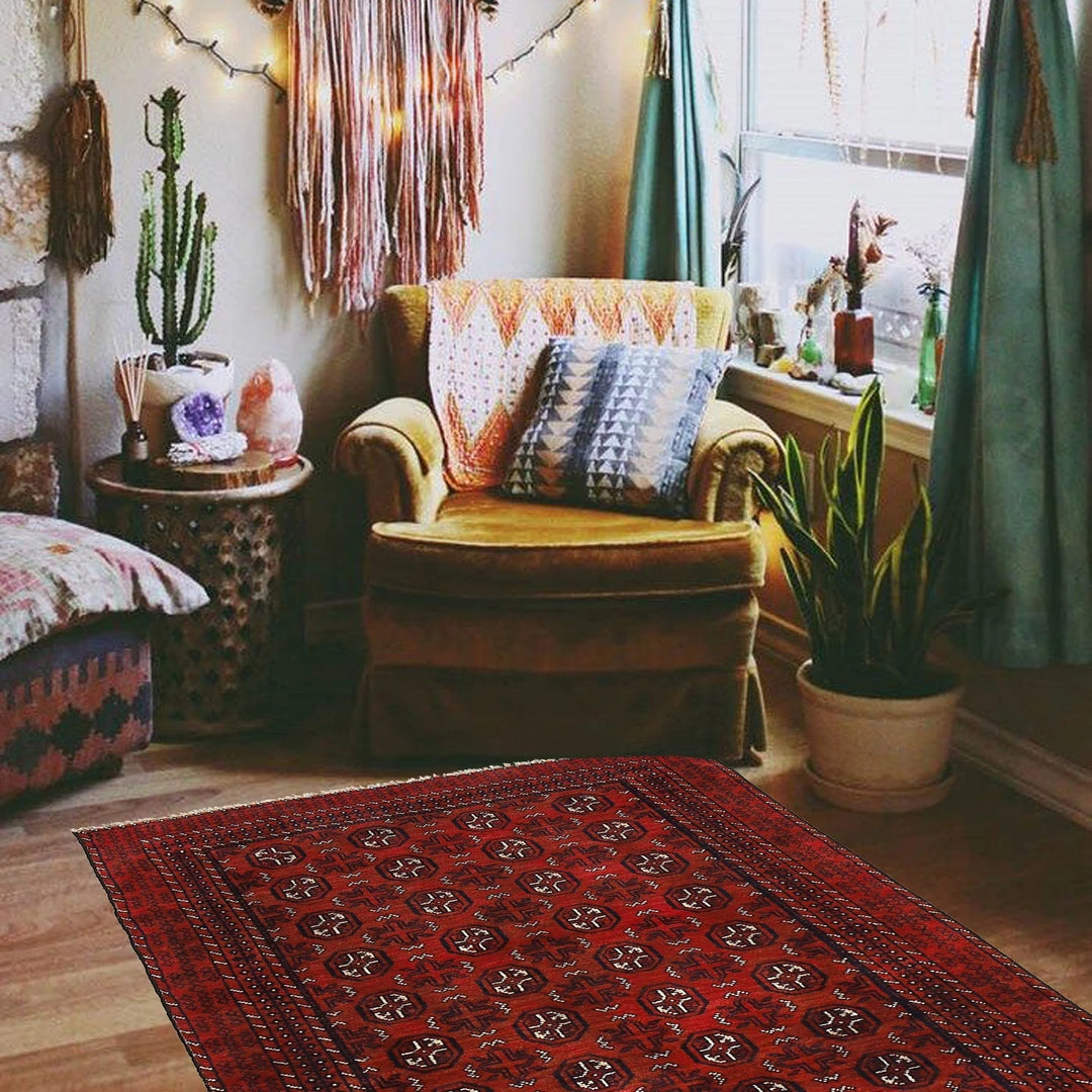 Red Afghan Baluchi Rug 3' 4" x 5' 11" Hand-Knotted | No. AL78160