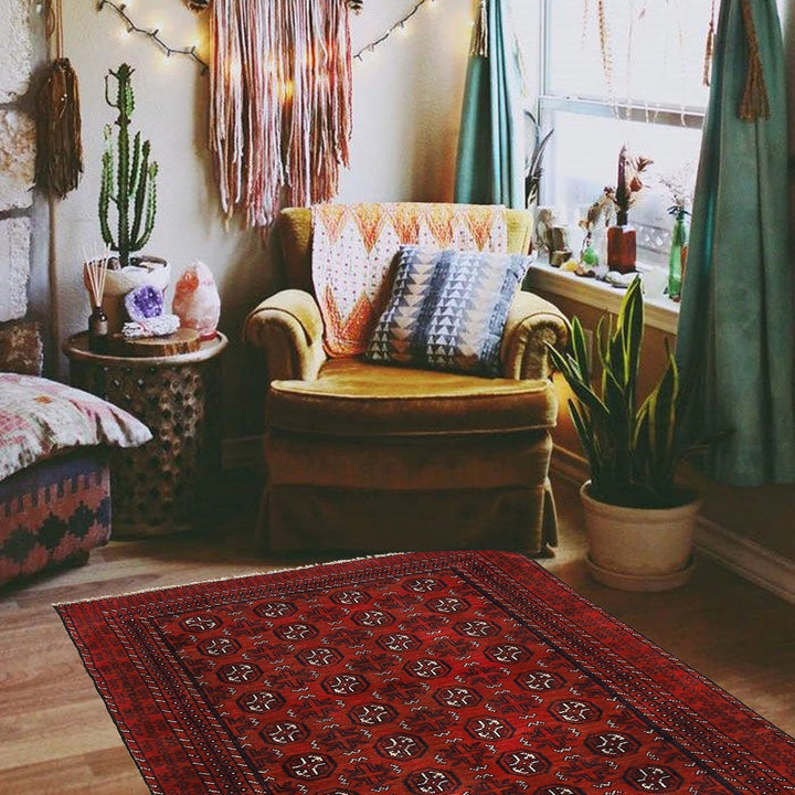 Red Afghan Baluchi Rug 3' 4" x 5' 11" Hand-Knotted | No. AL78160