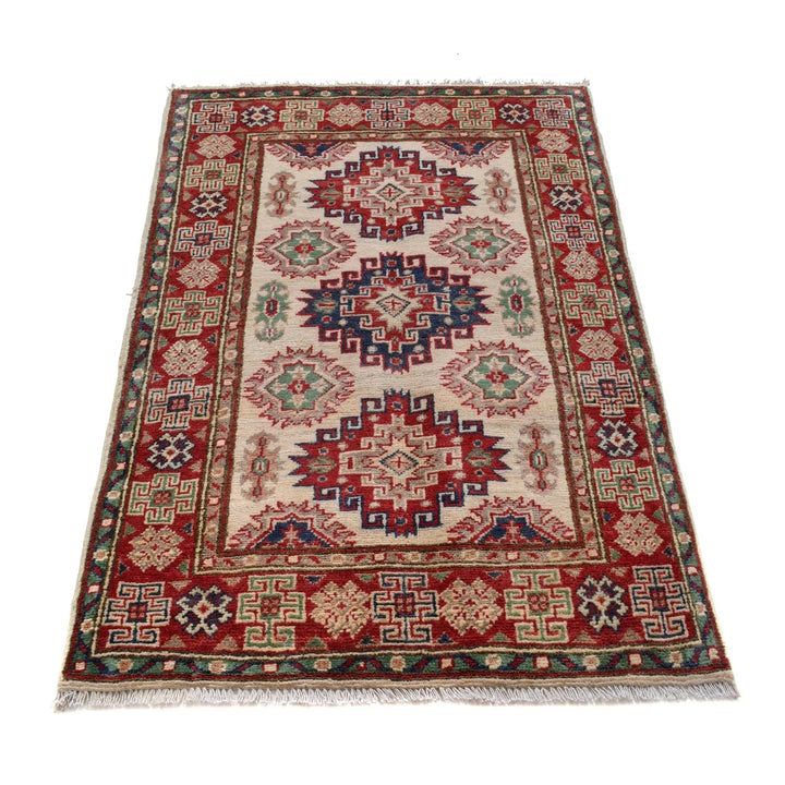 Ivory Afghan Kazak Rug 2' 7" x 4' 2" Hand-Knotted | No. AL78234