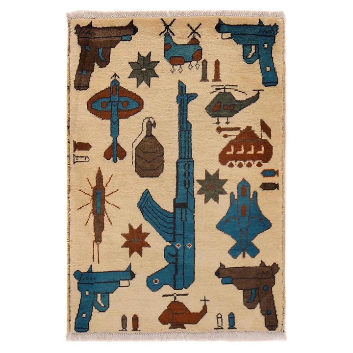 Beige Afghan War Rug 1' 11" x 2' 9" Hand-Knotted | No. AL78367