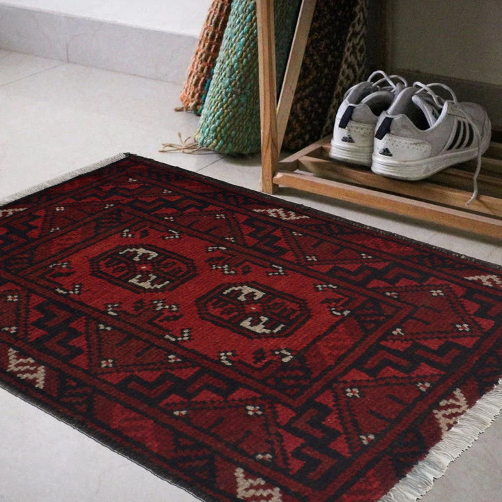 Red Afghan Oriental Rug 1' 6" x 2' 3" Hand-Knotted | No. AL78374