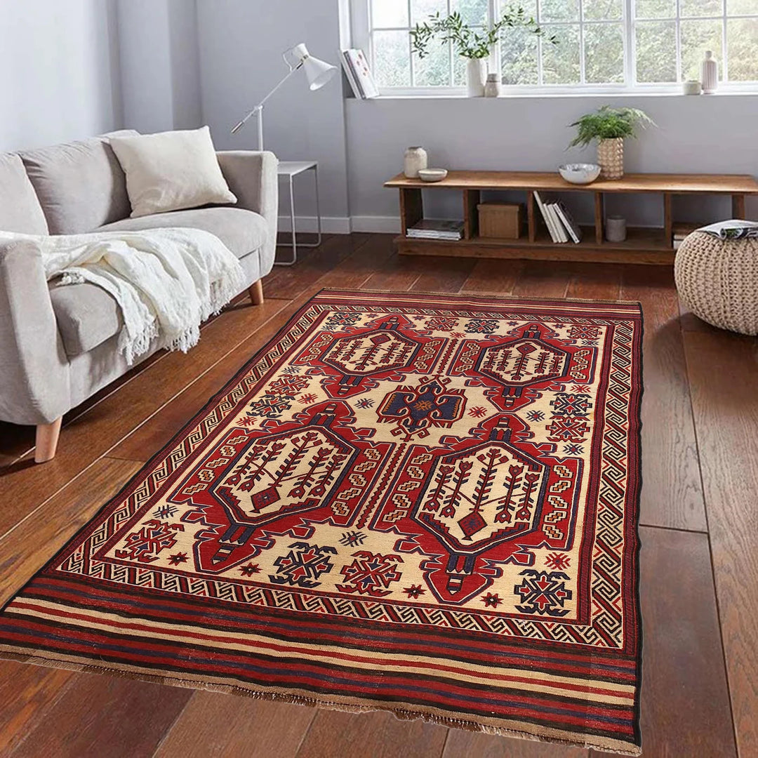 Beige Afghan Saghari Kilim Rug 4' 5" x 6' 3" Flat-Weave | No. AL78398
