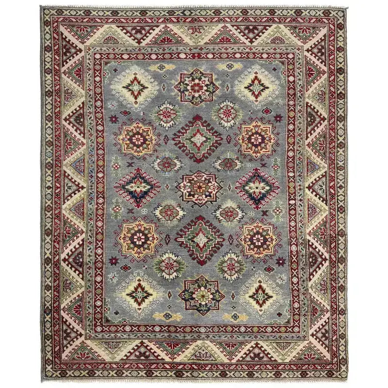 Gray Afghan Kazak Rug 4' 9" x 6' 7" Hand-Knotted | No. AL78850