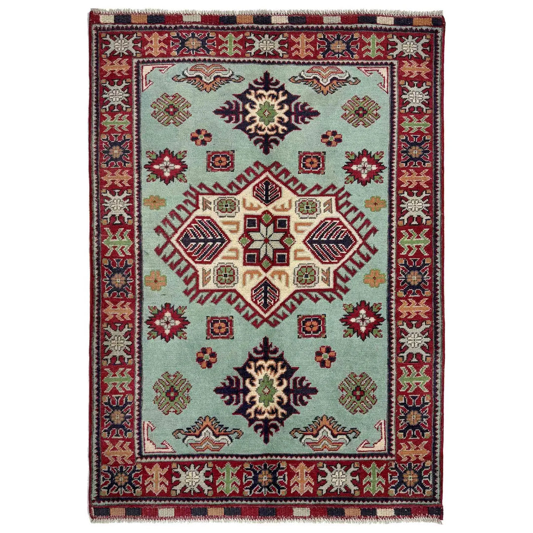 Blue Afghan Kazak Rug 3' 2" x 4' 9" Hand-Knotted | No. AL78853