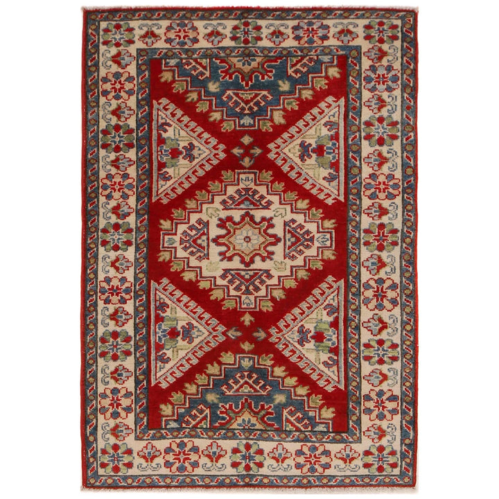 Red Afghan Kazak Rug 3' 3" x 4' 10" Hand-Knotted | No. AL78858