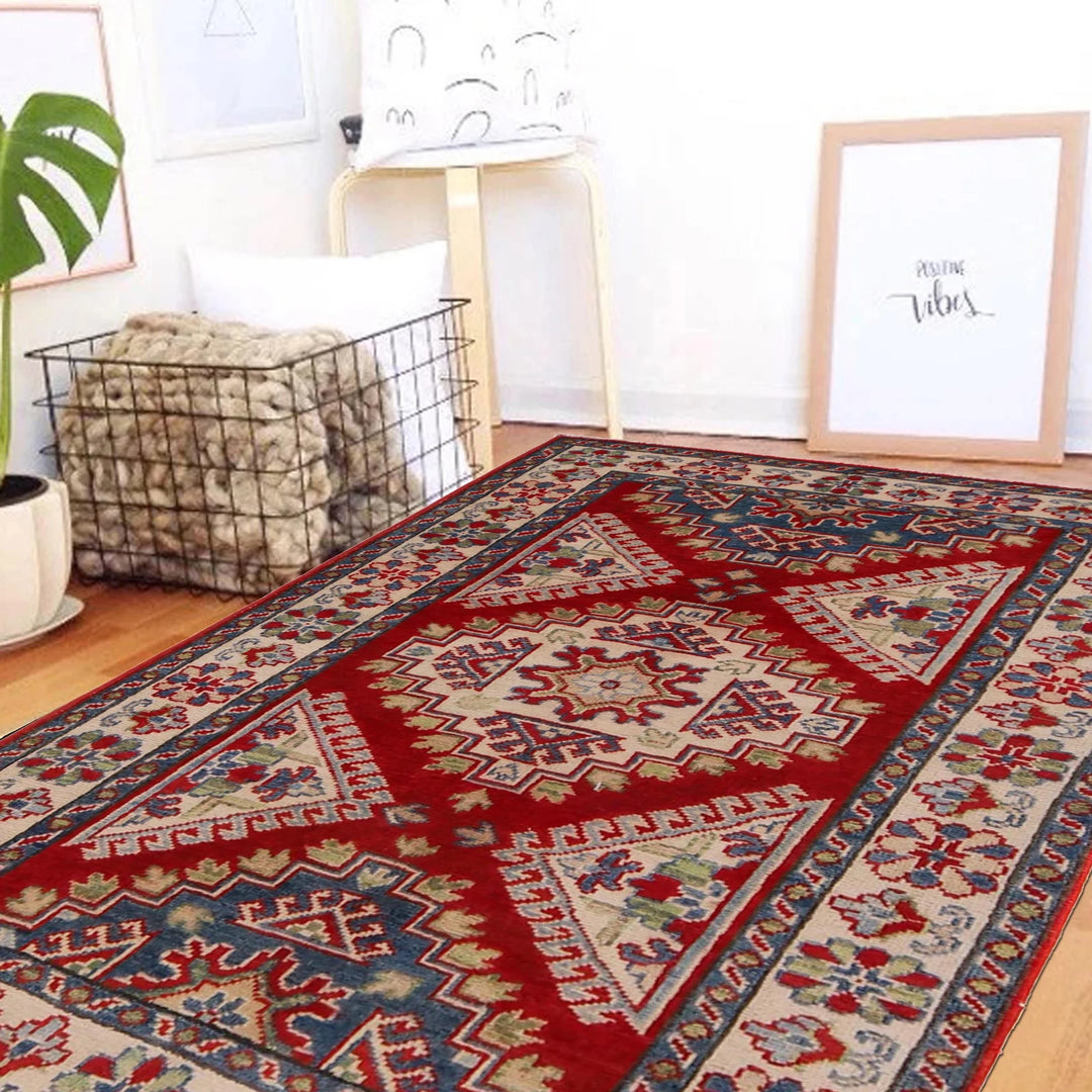 Red Afghan Kazak Rug 3' 3" x 4' 10" Hand-Knotted | No. AL78858