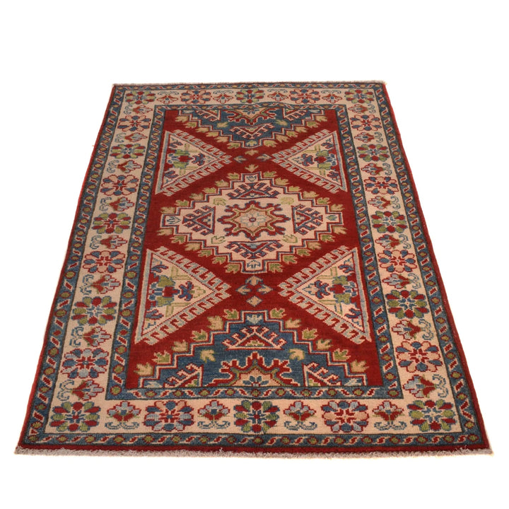 Red Afghan Kazak Rug 3' 3" x 4' 10" Hand-Knotted | No. AL78858
