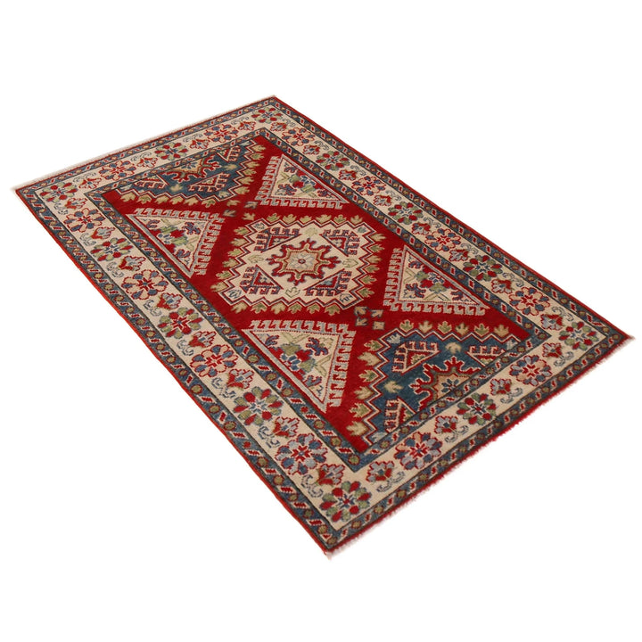 Red Afghan Kazak Rug 3' 3" x 4' 10" Hand-Knotted | No. AL78858