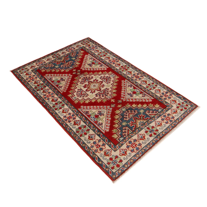 Red Afghan Kazak Rug 3' 3" x 4' 10" Hand-Knotted | No. AL78858