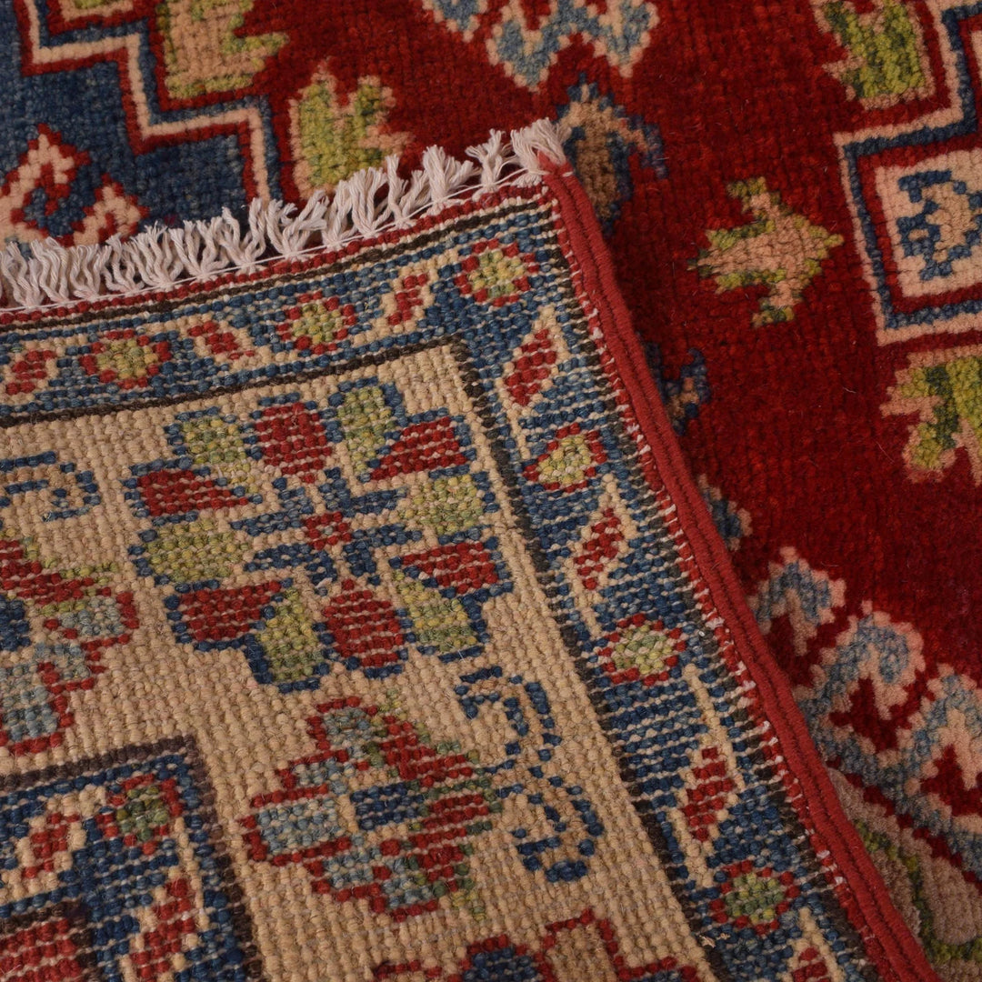 Red Afghan Kazak Rug 3' 3" x 4' 10" Hand-Knotted | No. AL78858