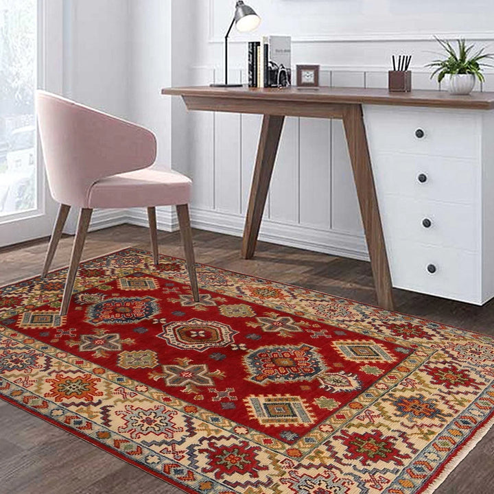 Red Afghan Kazak Rug 3' 5" x 5' 0" Hand-Knotted | No. AL78911