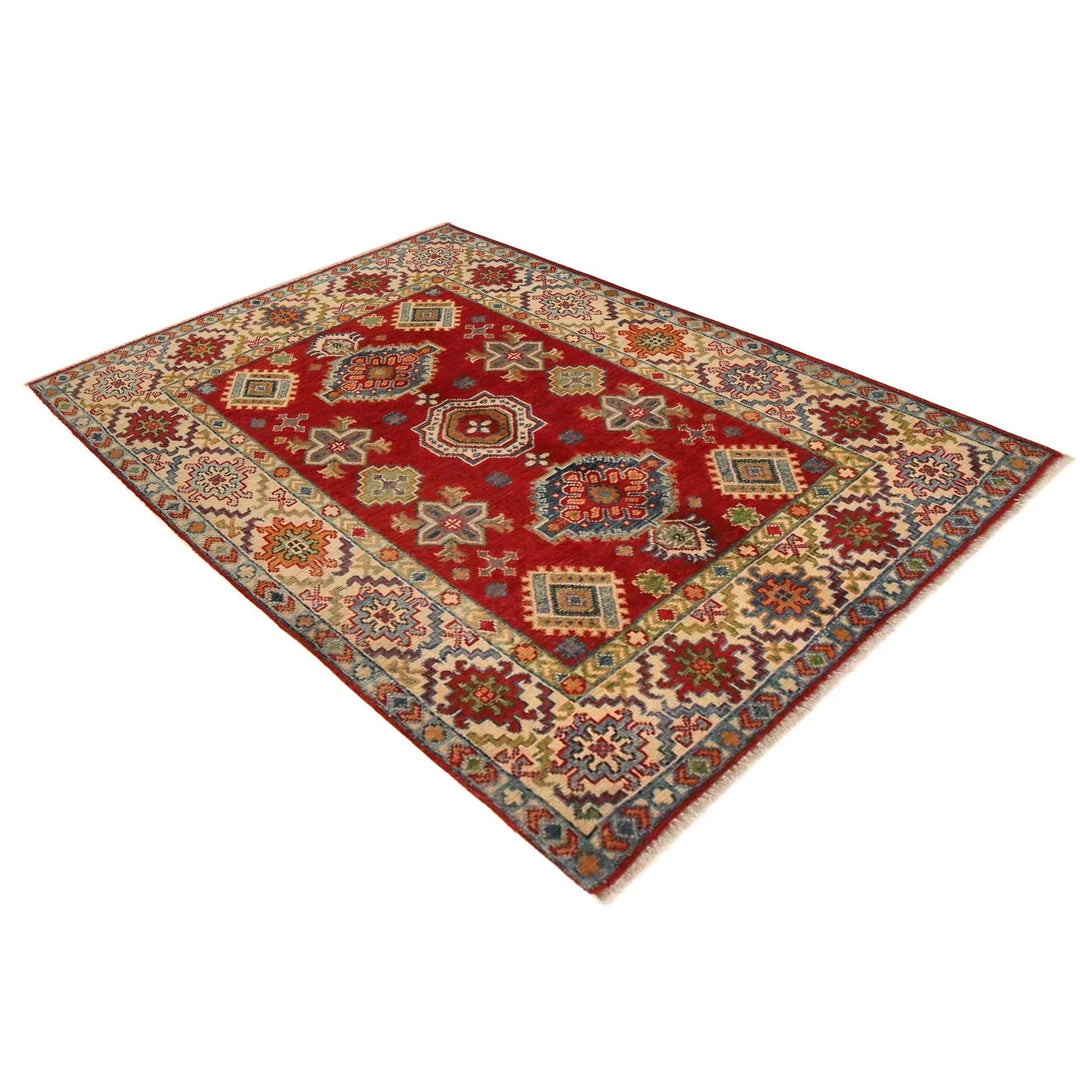 Red Afghan Kazak Rug 3' 5" x 5' 0" Hand-Knotted | No. AL78911