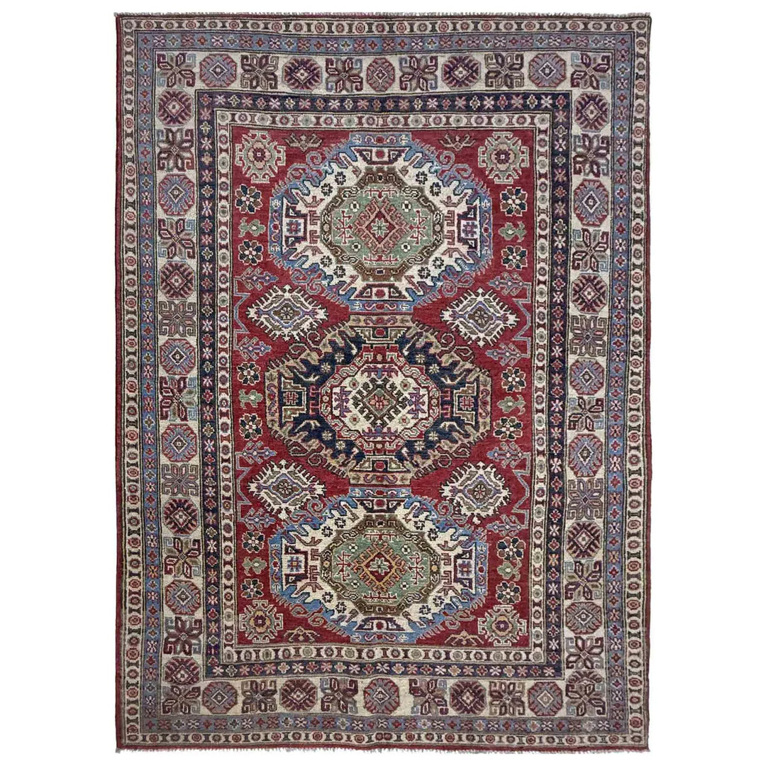 Red Afghan Kazak Rug 4' 11" x 7' 3" Hand-Knotted | No. AL78920