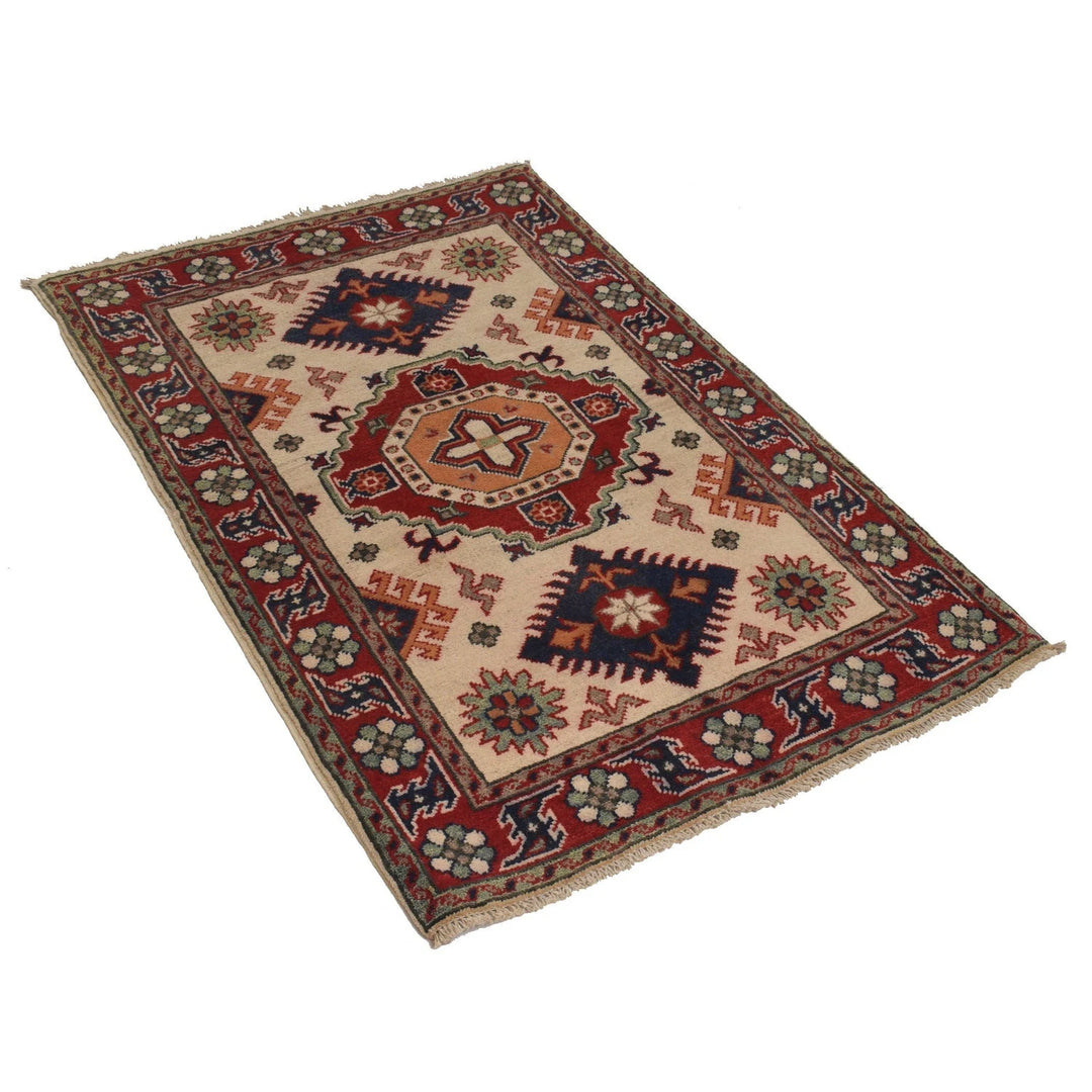 Ivory Afghan Kazak Rug 2'8" x 4'0" Hand-Knotted | No. AL79049