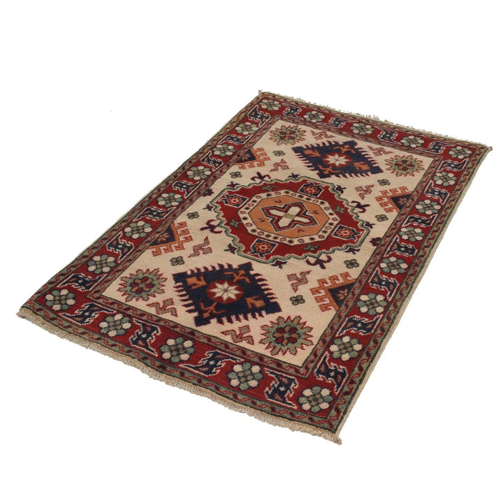 Ivory Afghan Kazak Rug 2'8" x 4'0" Hand-Knotted | No. AL79049
