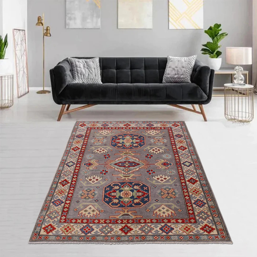 Gray Afghan Kazak Rug 4'11" x 7'1" Hand-Knotted | No. AL79303