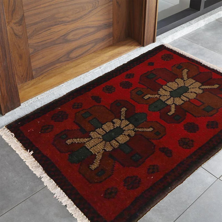 Red Afghan Geometric Rug 1' 6" x 2' 0" Hand-Knotted | No. AL79473