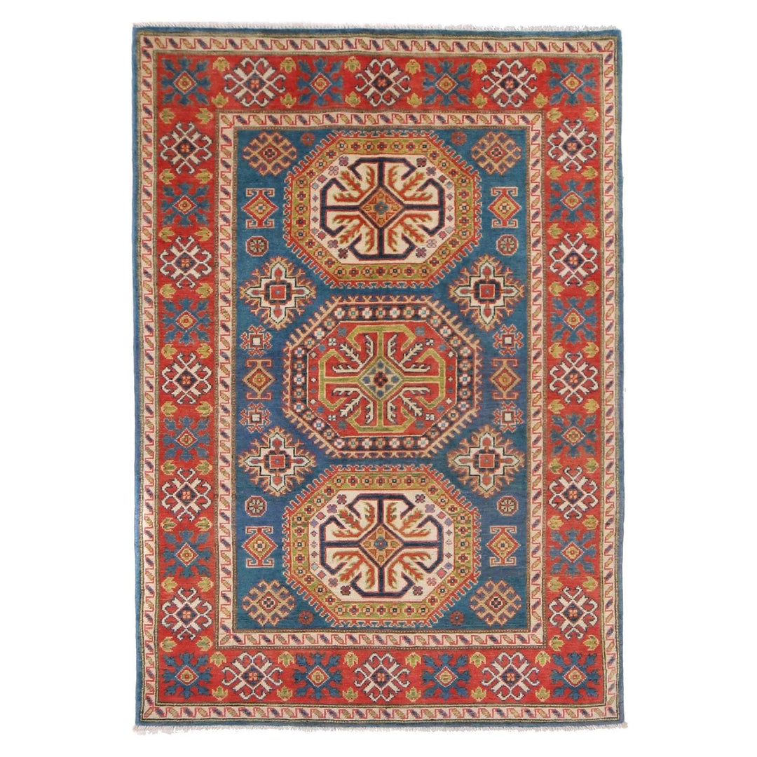 Blue Afghan Kazak Rug 4' 1" x 5' 10" Hand-Knotted | No. AL79681