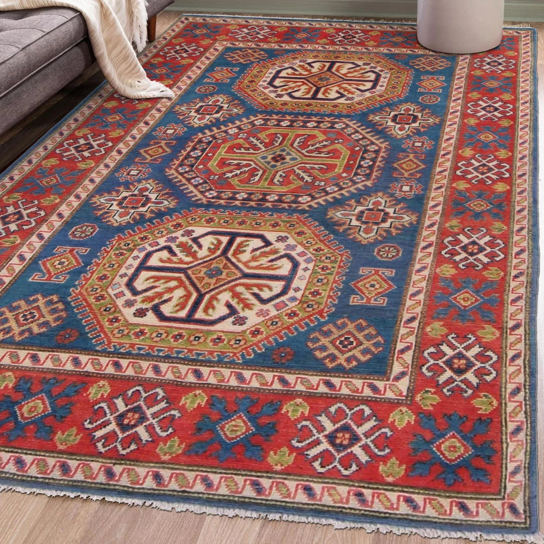 Blue Afghan Kazak Rug 4' 1" x 5' 10" Hand-Knotted | No. AL79681