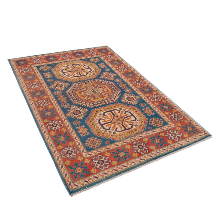 Blue Afghan Kazak Rug 4' 1" x 5' 10" Hand-Knotted | No. AL79681