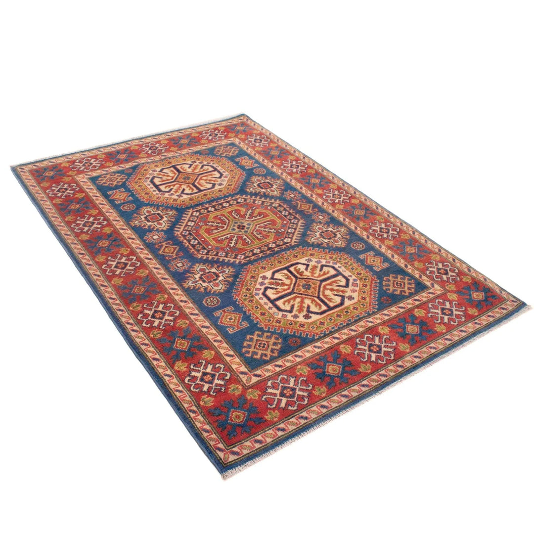 Blue Afghan Kazak Rug 4' 1" x 5' 10" Hand-Knotted | No. AL79681