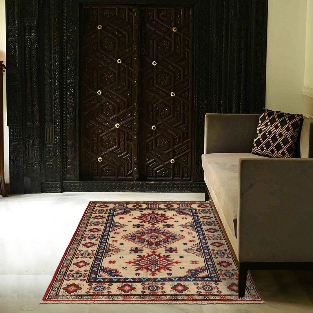 Ivory Afghan Kazak Rug 2'10" x 4'0" Hand-Knotted | No. AL79730