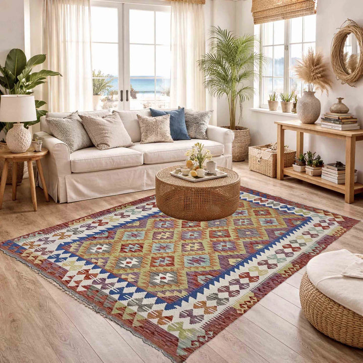 Multicolor Afghan Vegetable Kilim Rug 4' 9" x 6' 9" Flat-Weave | No. AL79905
